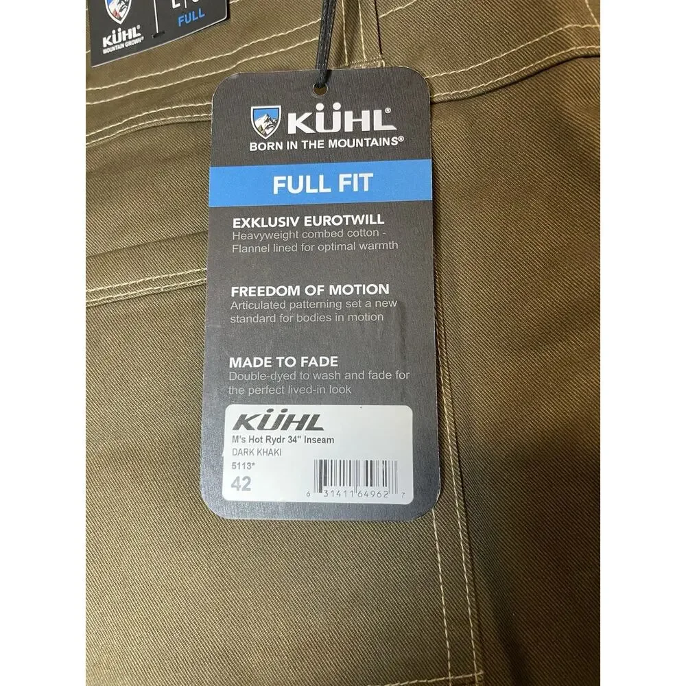 Kuhl Hot Rydr Flannel Lined Pants Men's 42x34 Brown Outdoor Workwear Hiking